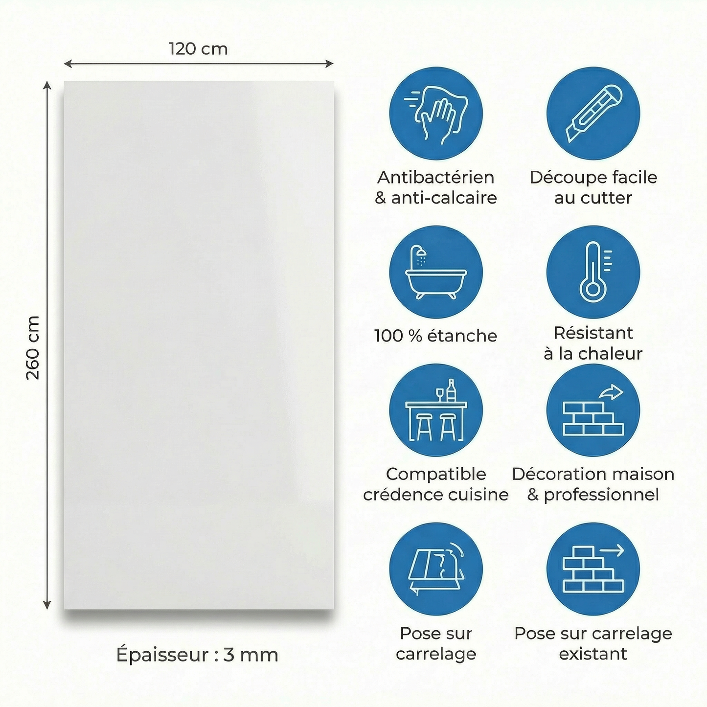 Panneau Mural PVC Blanc Uni Lisse – 260x120 cm