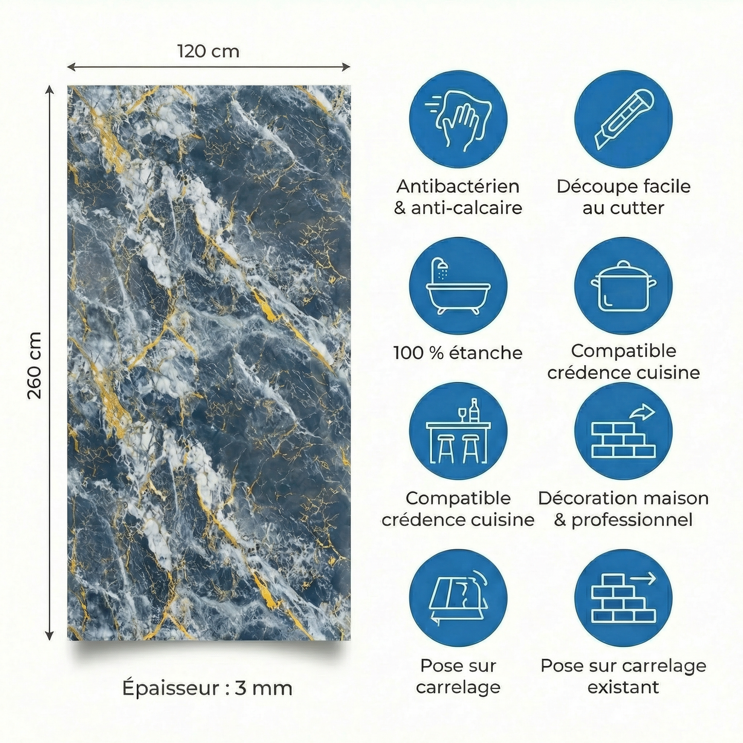 Panneau Mural PVC Effet Marbre Noir Galaxy Veines Dorées – 260x120 cm