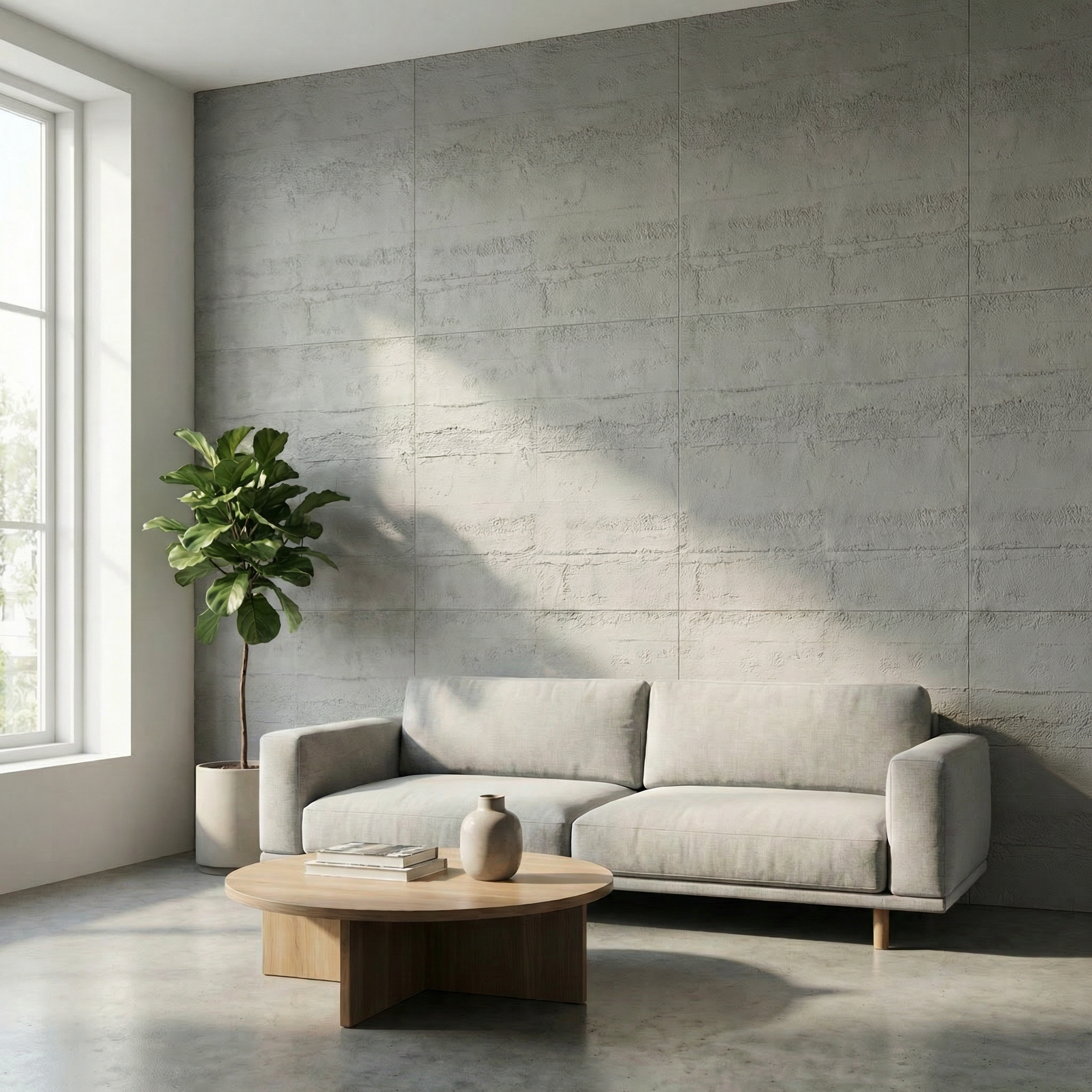 Salon avec panneaux muraux PVC effet béton brume VALROCHE - revêtement gris industriel chic pose facile