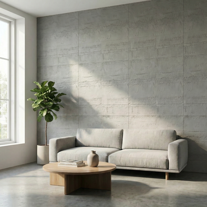 Salon avec panneaux muraux PVC effet béton brume VALROCHE - revêtement gris industriel chic pose facile