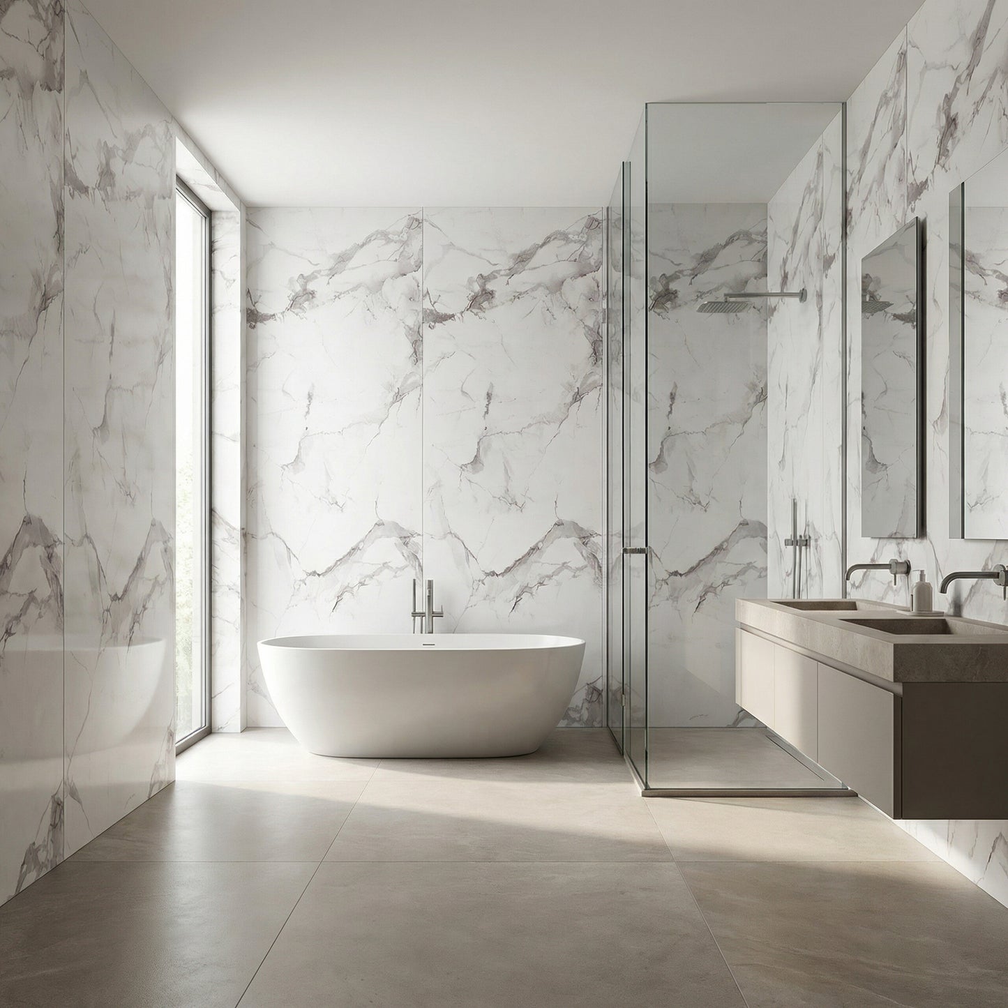 Panneau Mural PVC Effet Marbre Calacatta Light Veines Violettes – 260x120 cm