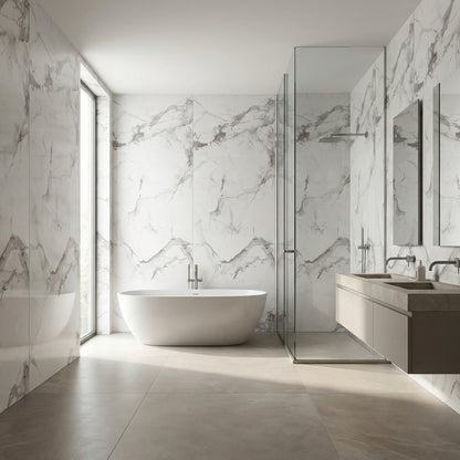 Panneau Mural PVC Effet Marbre Calacatta Light Veines Violettes – 260x120 cm