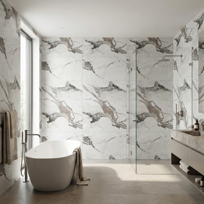 Panneau Mural PVC Effet Marbre Flow Blanc Veines Grises et Taupe – 260x120 cm