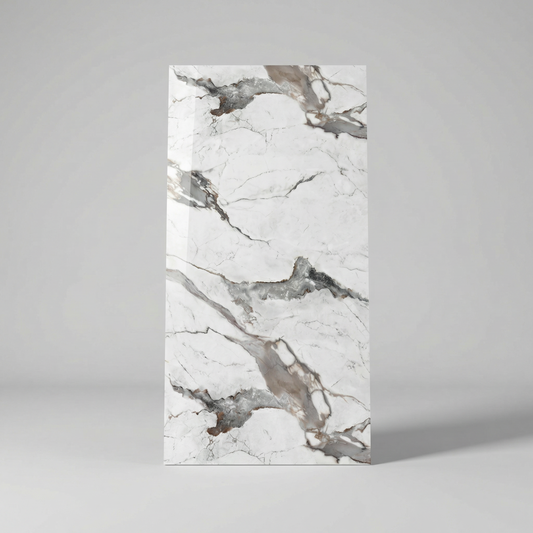 Panneau Mural PVC Effet Marbre Flow Blanc Veines Grises et Taupe – 260x120 cm