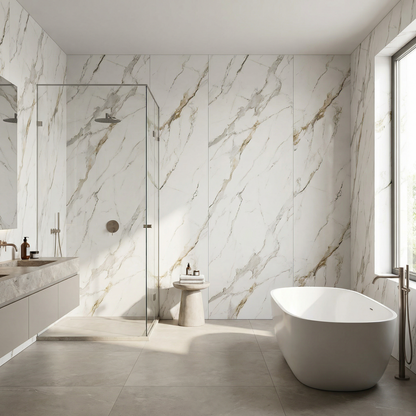 Panneau Mural PVC Effet Marbre Calacatta Blanc Veines Grises et Dorées – 260x120 cm