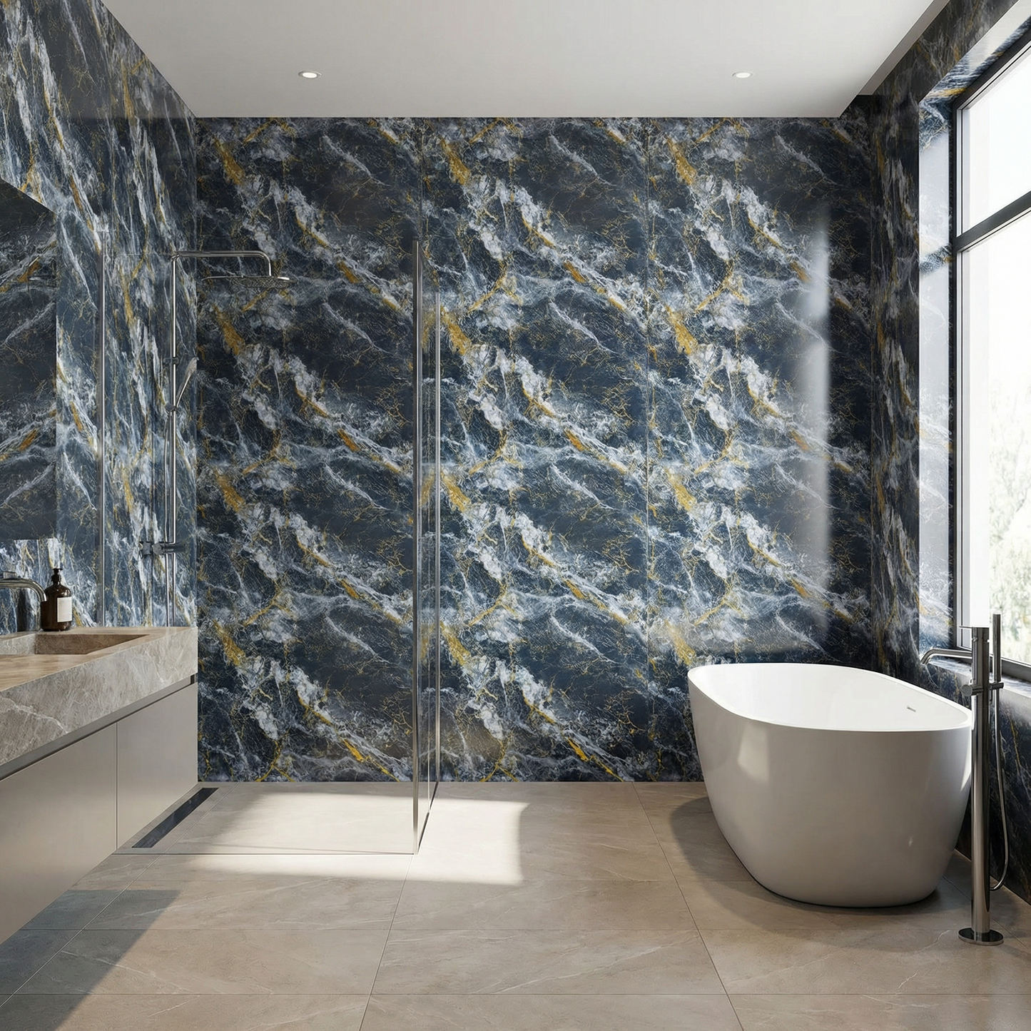 Panneau Mural PVC Effet Marbre Noir Galaxy Veines Dorées – 260x120 cm