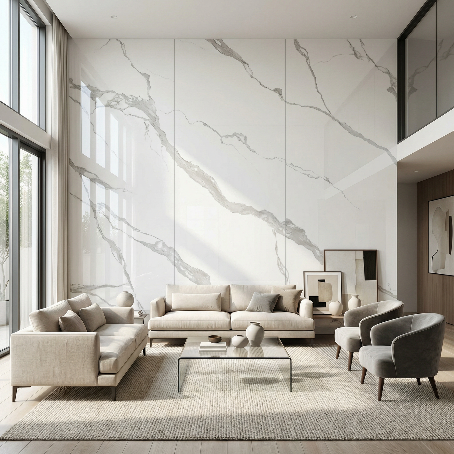 Ensemble de 3 Panneau Mural PVC Effet Marbre Blanc Statuaire – 260x120 cm