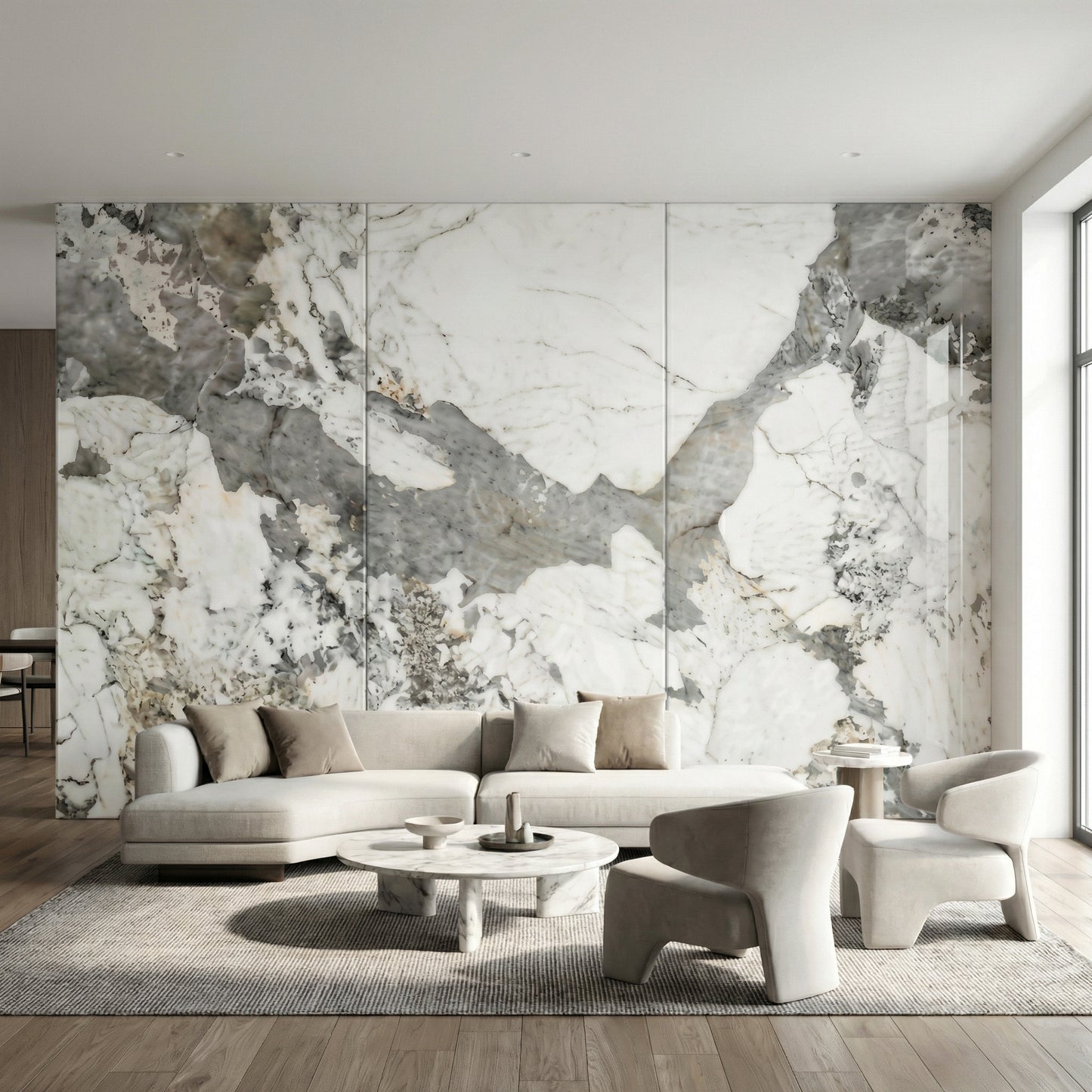 Ensemble de 3 Panneau Mural PVC Effet Marbre Brume Argentée – 260x120 cm