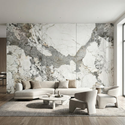 Ensemble de 3 Panneau Mural PVC Effet Marbre Brume Argentée – 260x120 cm