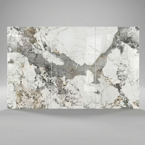 Ensemble de 3 Panneau Mural PVC Effet Marbre Brume Argentée – 260x120 cm