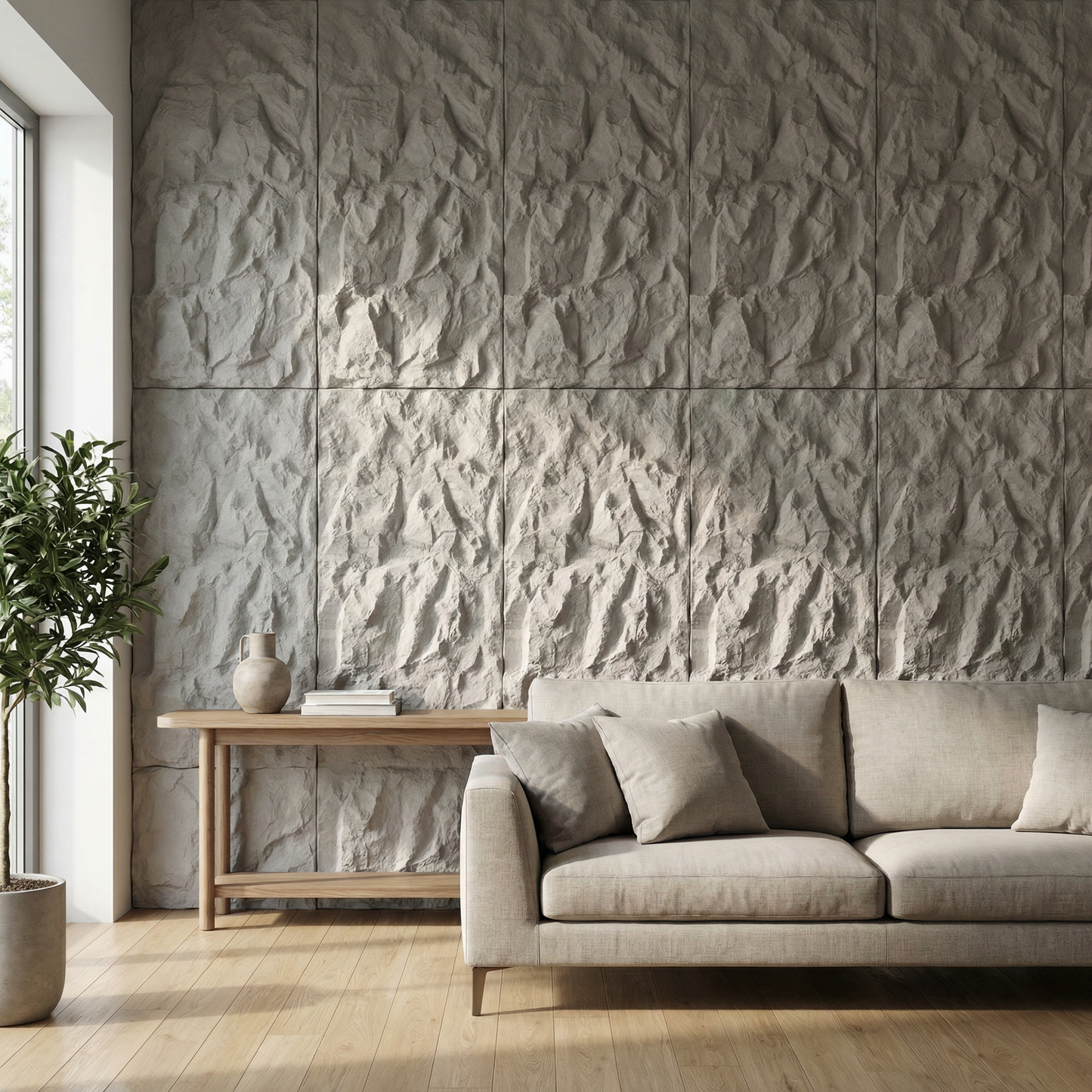 Salon avec mur en panneaux PVC effet pierre Roche Alba VALROCHE - décoration murale naturelle moderne