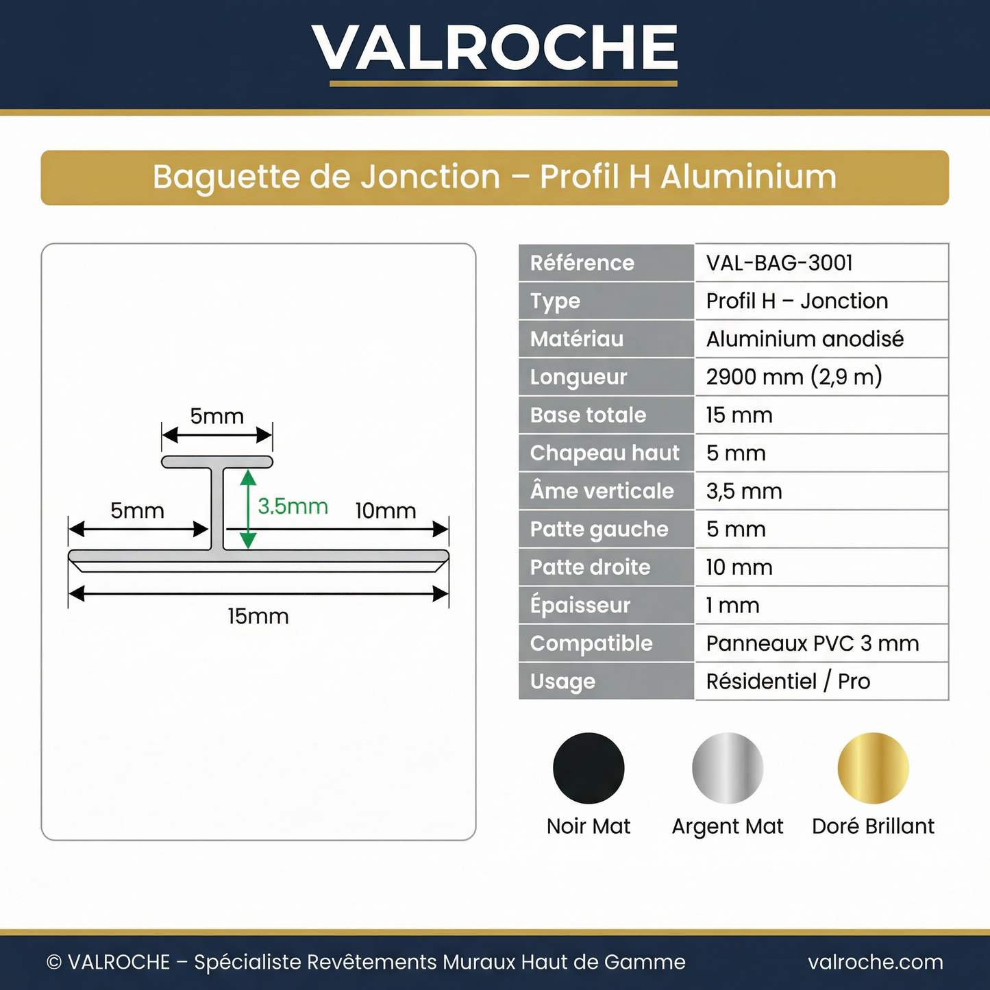 Baguette de Jonction Aluminium Profil H Premium – 2,9 m – Panneaux PVC 3 mm