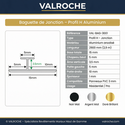 Baguette de Jonction Aluminium Profil H Premium – 2,9 m – Panneaux PVC 3 mm