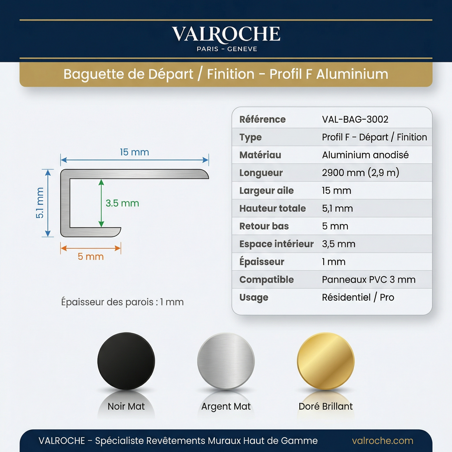 Baguette de Départ/Finition Aluminium – Profil F – 2,9 m – Panneaux PVC 3 mm