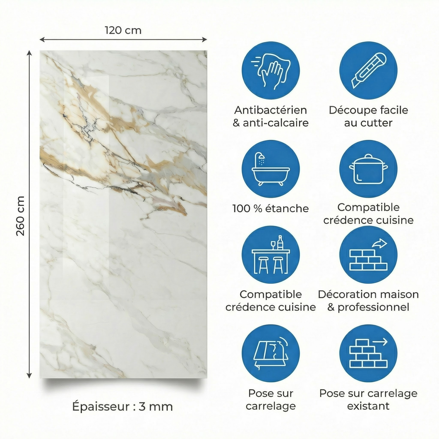 Panneau Mural PVC Effet Marbre Ivoire Doré – 260x120 cm