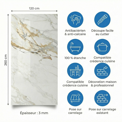 Panneau Mural PVC Effet Marbre Ivoire Doré – 260x120 cm