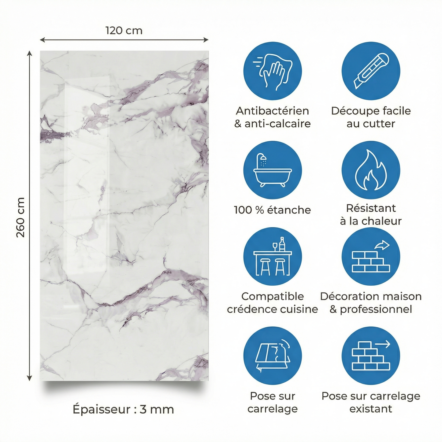 Panneau Mural PVC Effet Marbre Calacatta Light Veines Violettes – 260x120 cm