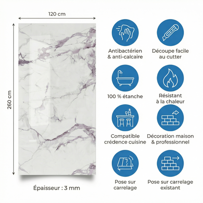 Panneau Mural PVC Effet Marbre Calacatta Light Veines Violettes – 260x120 cm