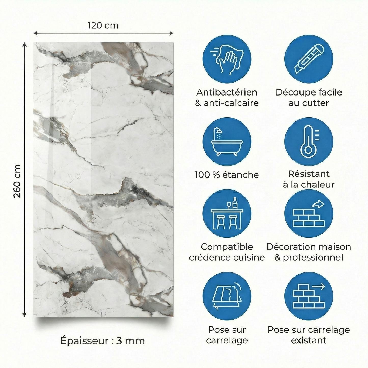 Panneau Mural PVC Effet Marbre Flow Blanc Veines Grises et Taupe – 260x120 cm