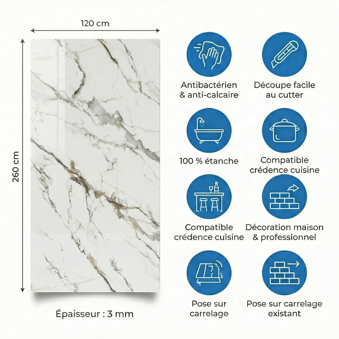 Panneau Mural PVC Effet Marbre Calacatta Blanc Veines Grises et Dorées – 260x120 cm