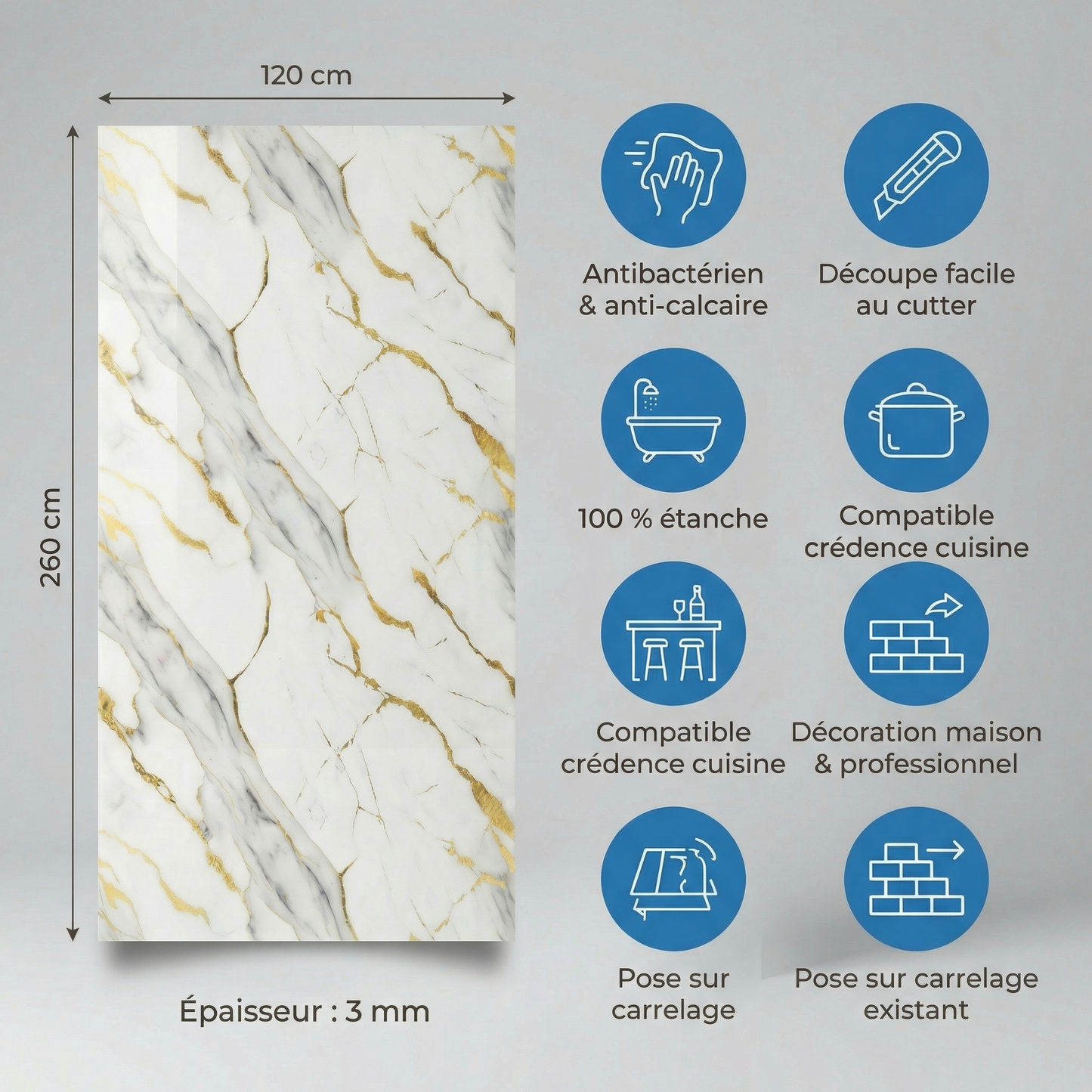 Panneau Mural PVC Effet Marbre Or Royal – 260x120 cm