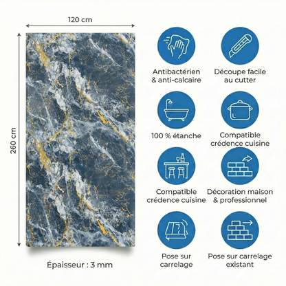 Panneau Mural PVC Effet Marbre Noir Galaxy Veines Dorées – 260x120 cm