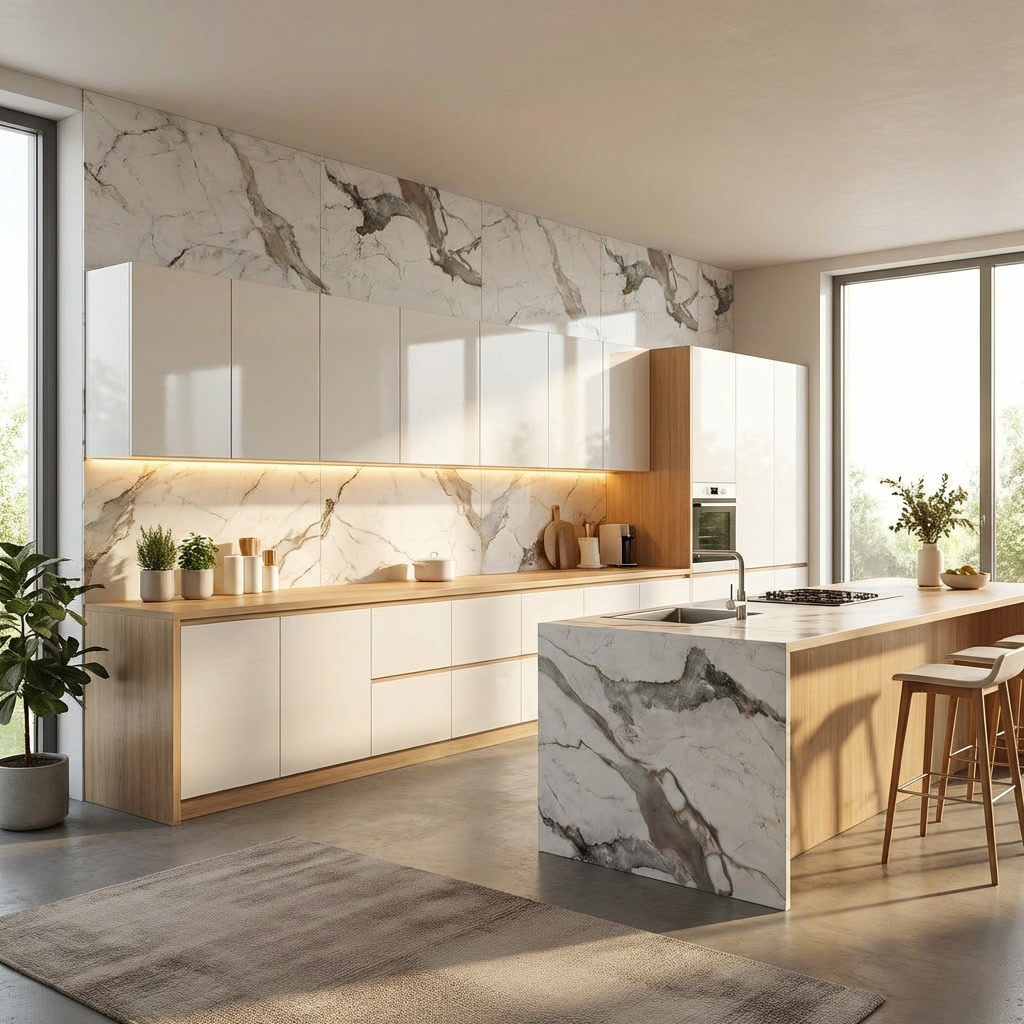 Panneau Mural PVC Effet Marbre Flow Blanc Veines Grises et Taupe – 260x120 cm