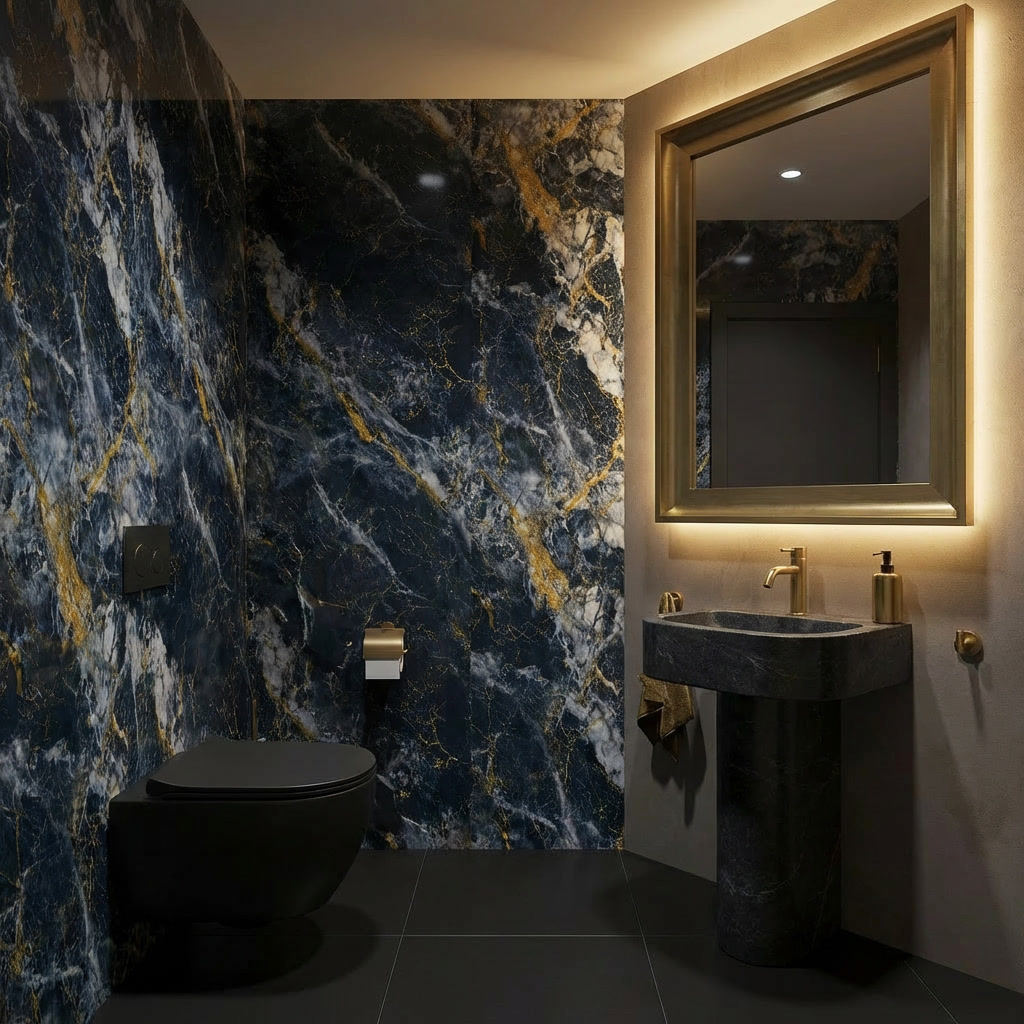Panneau Mural PVC Effet Marbre Noir Galaxy Veines Dorées – 260x120 cm