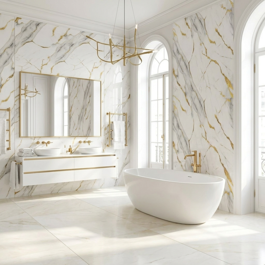 Panneau Mural PVC Effet Marbre Or Royal – 260x120 cm