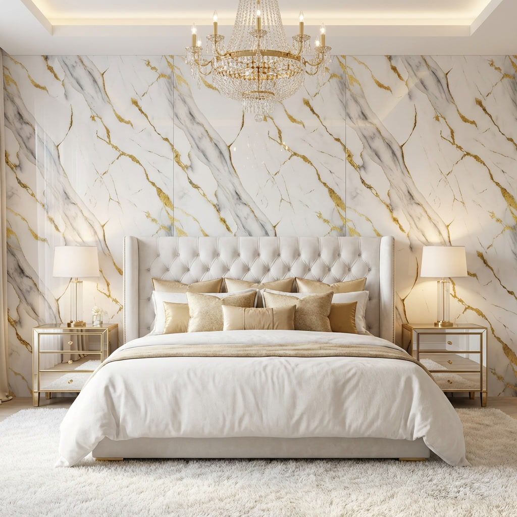 Panneau Mural PVC Effet Marbre Or Royal – 260x120 cm