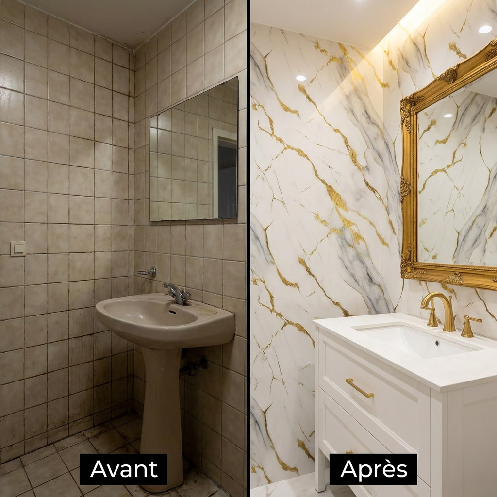Panneau Mural PVC Effet Marbre Or Royal – 260x120 cm